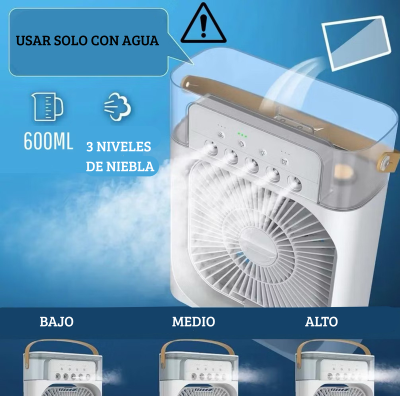 Mini Aire Acondicionado Portátil 3 en 1 – Ventila, Humidifica y Refresca al Instante con Luz LED