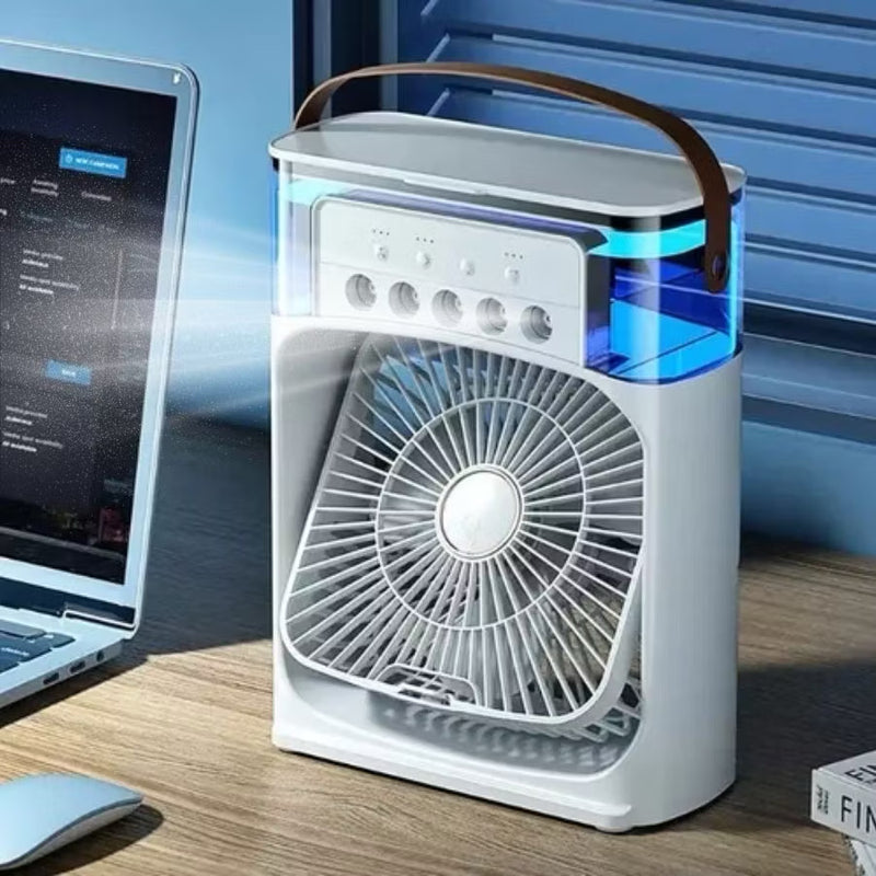 Mini Aire Acondicionado Portátil 3 en 1 – Ventila, Humidifica y Refresca al Instante con Luz LED